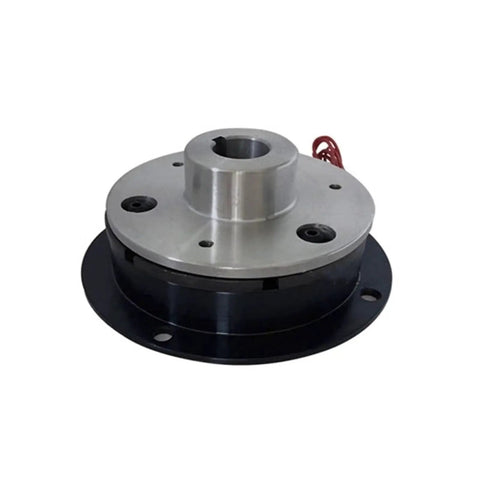 Angled front view of 24V DC electromagnetic brake clutch with flange mount and metal hub; red wiring visible