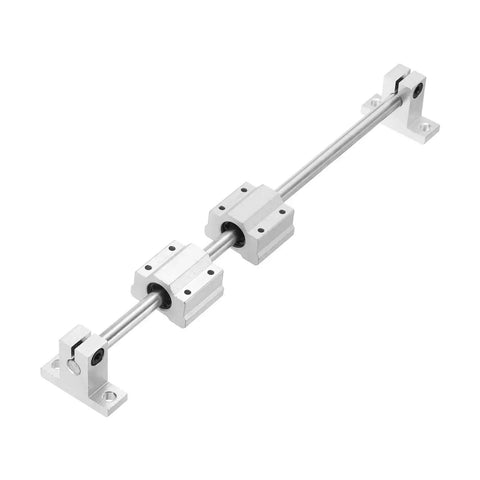 Two Pack Heavy Duty 8mm By 350mm Linear Motion Rail Kit With SCS8UU Bearings And SK8 Rail Supports For CNC Machines And 3D Printers Smooth Glide For Precise Motion Silver, side view of silver linear rail with bearings and supports