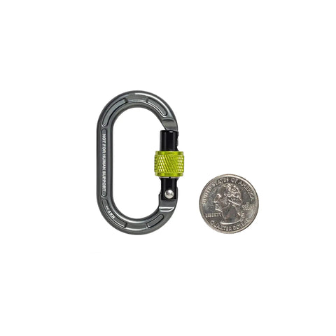 Compact Micro Carabiner With Screw Lock Gate For Arborists And SRS Climbing, Ultralight 7075 Aluminum alongside a quarter for scale.