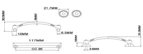 Technical drawing of Provence Collection Three And Three Quarters Inch Center-To-Center Brushed Nickel Traditional Cabinet And Drawer Pull Handle