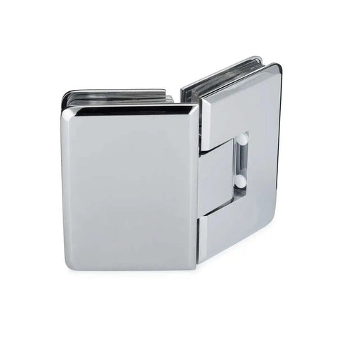 Oceana Standard Duty Adjustable 135 Degree Glass Hinge For Glass Doors Three Eighths To One Half Inch Thick Up To 32 Inch Wide And 120 Pound Load Self Closing Within About 25 Degrees Polished Chrome Finish
