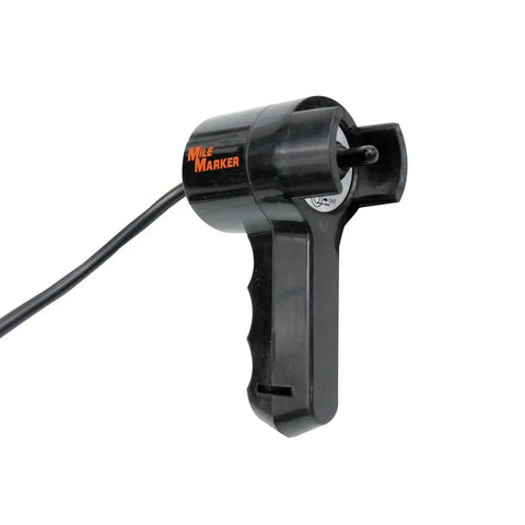 Mile Marker PE5000 winch remote control, black handheld unit with orange logo (side view)