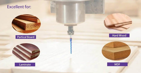 CNC Router Bit Ball Nose End Mill With Nano Blue Coating Upcut Dope Tool For Precise 3D Carving shown with materials it cuts