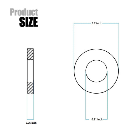 Stainless flat washers, 25 pcs, inner 5/16 in, outer 11/16 in, 0.06 in thick, 304 stainless, shown in top and side views