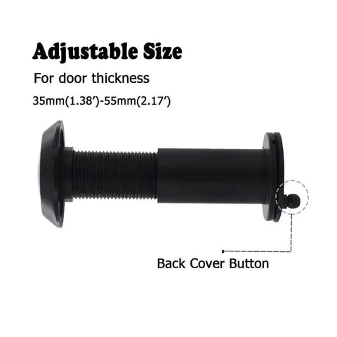 Ultra HD Door Peephole Viewer Built Tough In Solid Brass With Heavy Duty Rotating Privacy Cover For Doors From One And Three Eighths To Two And One Sixth Inches 200 Degree Wide Angle Lens Black showing adjustable size and back cover button.