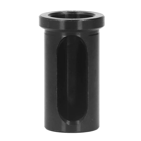 Front view of CNC lathe reducer sleeve in black alloy steel with flanged top and side slot