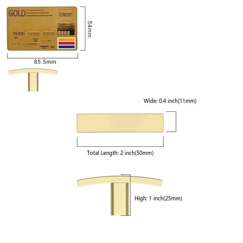 Dimensions of Brushed Gold Cabinet Knob 2 Inch Single Hole Zinc Alloy T Bar for Kitchen Cabinets, comparing with credit card