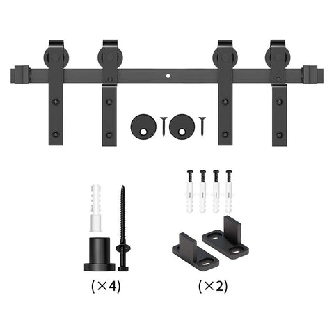 Bypass Sliding Barn Door Hardware Kit for Double Doors with J-shaped rollers, heavy-duty steel track, matte black finish, 4ft length