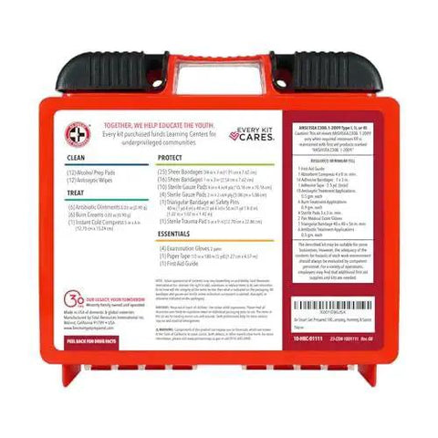 Back view of Ten Person OSHA ANSI First Aid Kit With One Hundred Pieces For Home Office School Industrial Sites And Restaurants