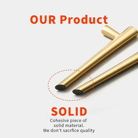 Close-up of polished brass cabinet pulls from 5 pack with 5 inch hole center for kitchen cabinets, solid zinc alloy build.