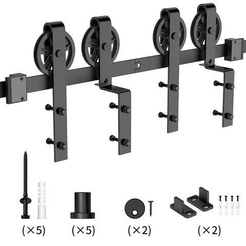 Heavy Duty Sliding Barn Door Hardware Kit Single Track Bypass System For Double Doors Black Powder Coat Six Point Six Foot Long Supports Up To 265 Lbs Fits Door Width Up To Forty Inches And Door Thickness 1 3 8 To 1 3 4 Inches Bypass Wheel Included