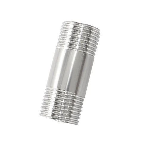 Pipe nipple, 2-inch stainless steel with 1/2-in NPT male threads on both ends, side view