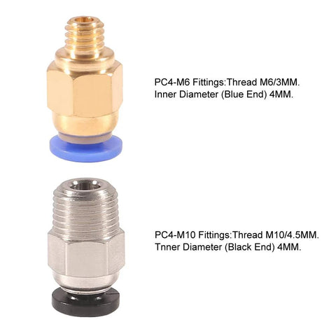 PC4-M6 and PC4-M10 pneumatic fittings; brass push-to-connect with blue seal, and silver straight with black end.