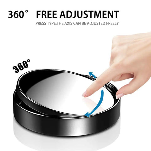 Close-up of a 360 Rotating Round HD Glass Convex Rear View Mirror showing free adjustment feature and ABS shell.