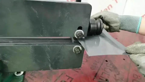 Bead Roller Sheet Metal Machine 18 Inch With 6 Die Sets Rotary Beading Tool in action, hand operating on metal sheet