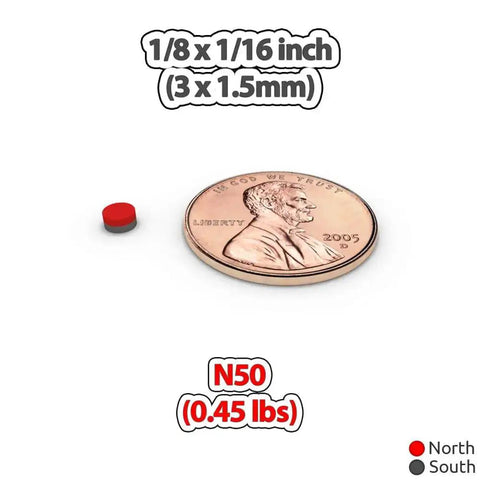 Tiny 3x1.5mm Neodymium Disc Magnets Pack Of 300 For Warhammer And Miniatures next to penny for scale illustration