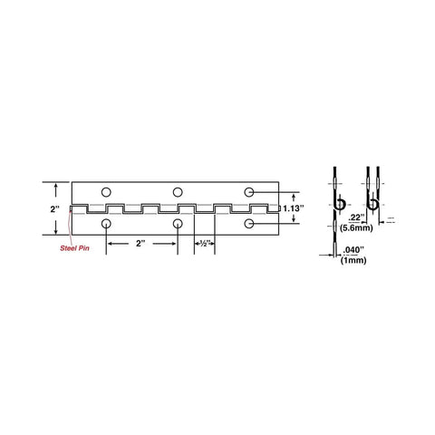 Diagram of Heavy Duty Electro Black Plated Piano Hinges 2 Inch By 0.40 Inch By 72 Inch showing dimensions and steel pin