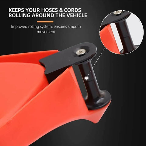 Close-up of a red and black Car Hose Guide Set Of 4 Automatic Plastic Hose Guides For A Smooth Roll Prevent Snags Under Tires During Car Wash
