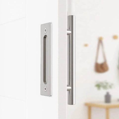12 Pack Sliding Barn Door Handles Hardware Set With Flush Double Sided Finger Pull For Gates Garages And Cabinets Solid Steel Construction Powder Coated Finish Rust And Corrosion Resistant Smooth Touch No Sharp Edges Stainless Look installed on a white door.