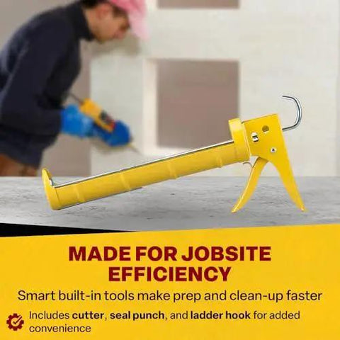 Contractor Grade Caulk Gun With 29 Oz Cartridge Capacity And Dripless Design For Minimal Mess on a table, background worker