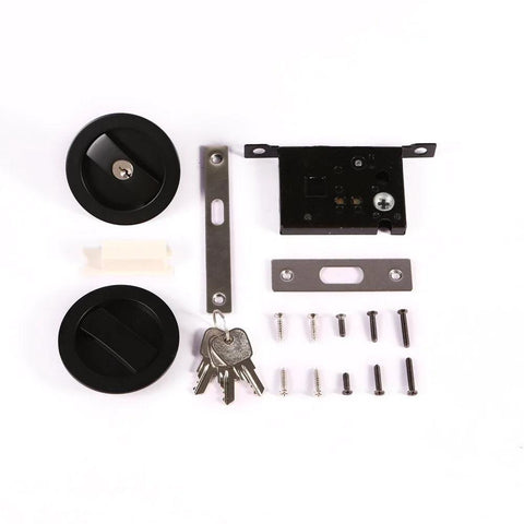 Invisible Barn Wood Sliding Door Lock Hardware with cup handle and keys, black finish, 2.95 inch, zinc alloy, corrosion resistant