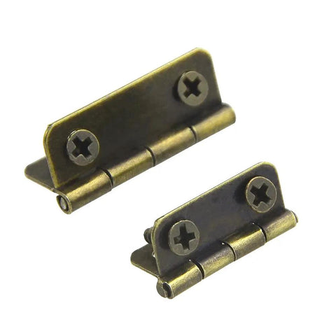 Two bronze iron butt hinges from the Gotta Have 60 Pieces Mini Hinges for Jewelry Boxes and Small Cabinets Two Size Options set.
