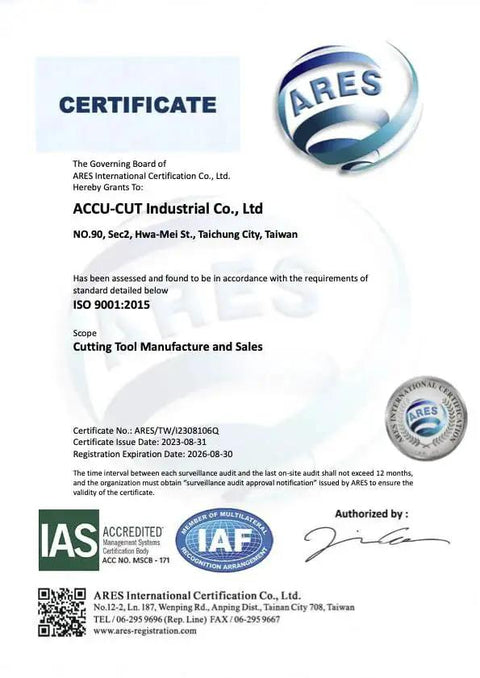 Certificate of ISO 9001:2015 for Cutting Tool Manufacture and Sales issued to ACCU-CUT Industrial Co., Taiwan.