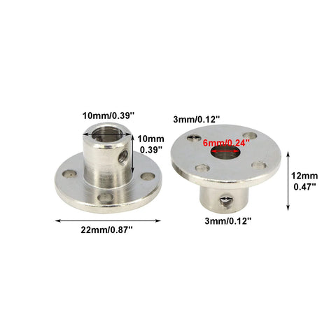 Two silver flange shaft couplers for 6mm shafts; metal mounting flanges with four holes and set-screw holes