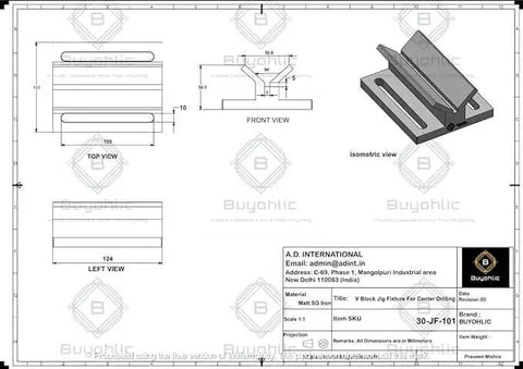 Technical drawing of V Block Jig Fixture for Center Drilling Round Workpieces with isometric view and dimensions