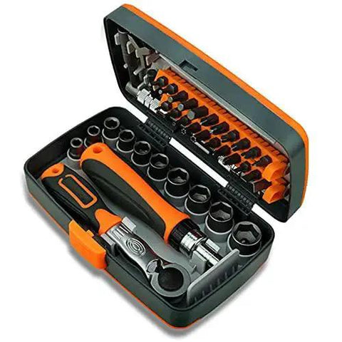 38-in-1 Labor-Saving Ratchet Tool Set With Screwdrivers And Sockets in orange and black plastic case, including various driver bits and sockets.