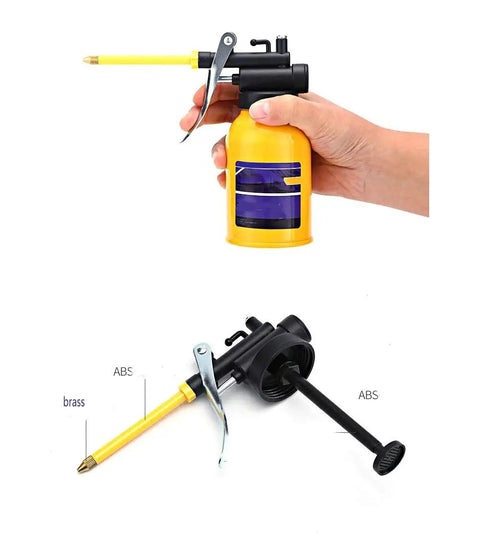 Pro Grade Metal High Pressure Oil Spray Gun With Long Nozzle 250ml Refillable Oiler Bottle shown with nozzle and handle details