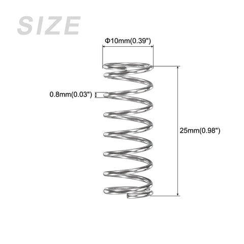 METALLIXITY compression springs, 304 stainless steel, 0.8mm wire x 10mm OD, 25mm free length, 10-pack, silver