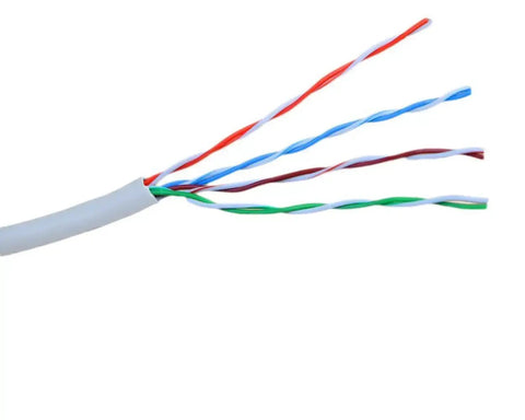 Close-up of Dope 500 Foot Cat6 Bulk Ethernet Cable 23 AWG CCA UTP Indoor Network Cable showing twisted pairs for fast LAN setup