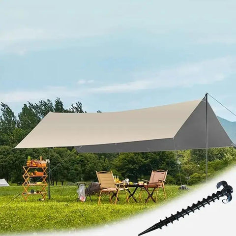 Heavy Duty Plastic Tent Stakes 20cm 4 Pack Windproof Camping Beach Anchors with durable screw design shown on grass under tarp