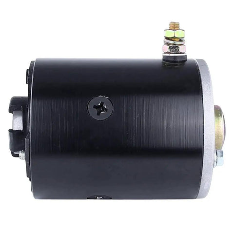 Side view of 12V DC Hydraulic Pump Motor For RV Leveler System Iskra 11-212-440 11-212-598 with black casing and connectors.