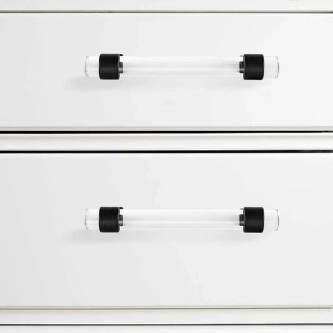 Crystal Clear T Bar Cabinet Pulls 5 Pack For Kitchen And Furniture, 3.8 Inch Hole Centers, 5 Inch Tube Length, 1.4 Inch Height, Black Matte Zinc Alloy Base With Acrylic Tubes, Modern Minimalist Hardware, Includes M4 Screws, installed on white drawers