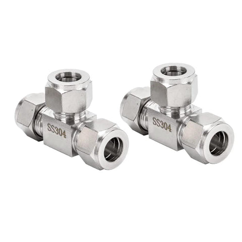 Two Pysrych 304 stainless steel compression tee fittings, 3/8 in OD, 3-way connector, pack of 2.