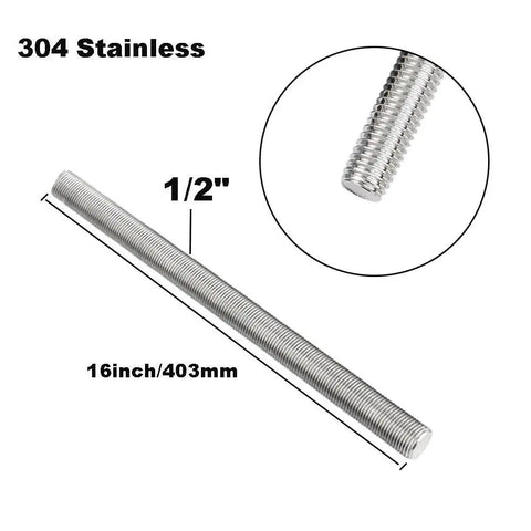 16 Inch Half Inch 304 Stainless Fully Threaded Rod 13 TPI Right Hand Threads 2X, side view showing detailed threads and dimensions