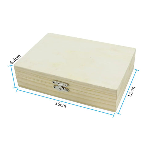 Wooden box measuring 16cm x 12cm x 4.5cm with metal latch, ideal for storing small items and tools.