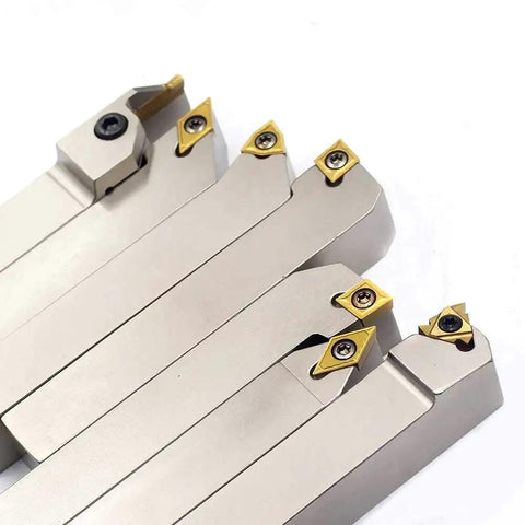 Seven Piece Three Quarter Inch Nickel Plated Indexable Lathe Tool Holder Set For Turning Grooving Threading And Cut Off Heavy Duty CNC Metal Lathe Tools With Tin Coated Carbide Inserts Includes SCLCR SCLCL SDJCR SDNCN SWGCR MGEHR SER Holders OSCARBIDE.