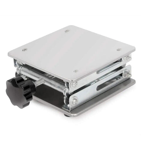 Side view of 6x6 Inch Lab Scissor Jack, Stainless Steel Lift Stand, adjustable from 75-260mm, supports up to 10kg.