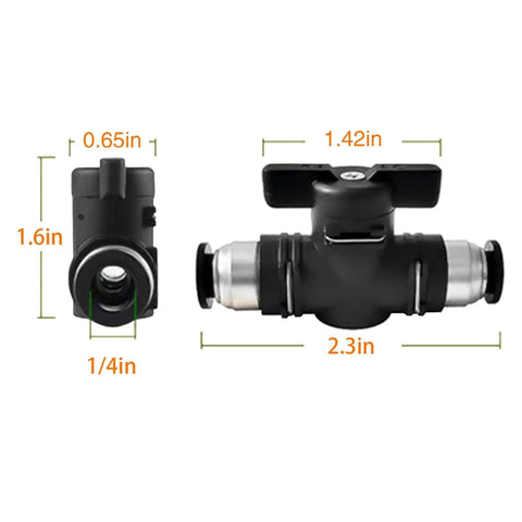 Quarter Inch Push Connect Pneumatic Ball Valve With Quick Connect Tube Fittings Straight Union Air Flow Control Valve For Air Compressors 3 Pack Durable Metal And Plastic Construction Easy Install Leak Free Connection shown in front and side views with dimensions.