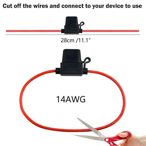 Heavy Duty Inline Fuse Holder Kit For Mini Blade Fuses, 14 Gauge Wire, easy installation view with red wire and scissors