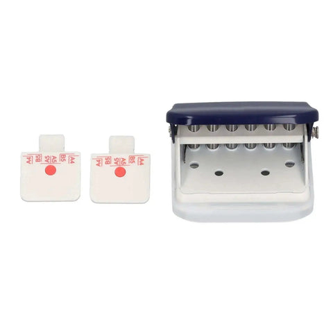Six Hole Dope Handheld Metal Circle Paper Punch With Positioning Ruler for A4 A5 B5 notebooks, showing punch and two rulers.