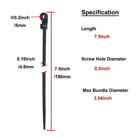 Heavy Duty 7.5 Inch Zip Ties With Mounting Screw Holes, UV Resistant Nylon 66, 50 Lbs Tensile, 100 Pack specifications chart.