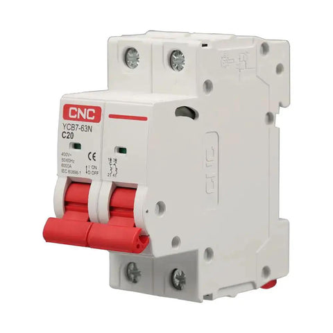 Front view of 63 Amp Two Pole DIN Rail Mount AC Circuit Breaker With Thermal Magnetic Trip 120V 240V Curve C Solar Disconnect MCB.
