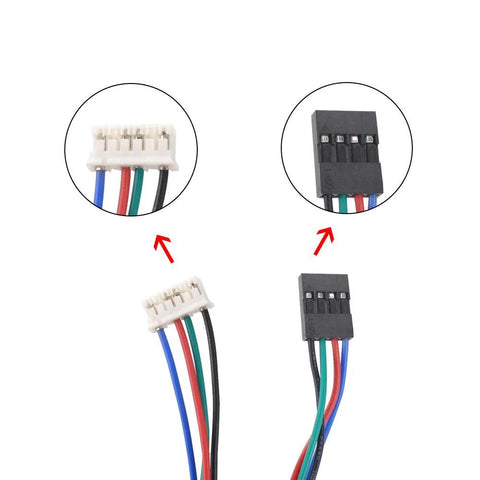 Pair of white and black 4-pin connectors with blue, red, green, black wires for Nema 17 stepper motor cables.
