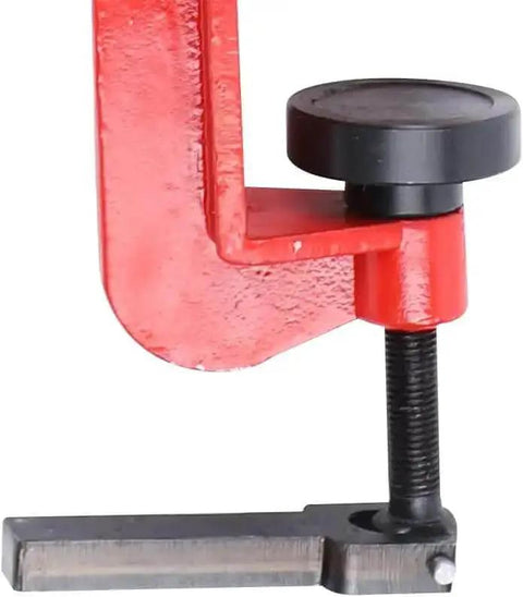 Close-up of the clamp on a 7 Inch Sheet Metal Bead Roller And Bender, Manual Hand Tool With Clip, 6 Die Sets And Gears
