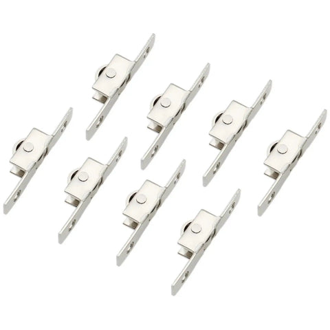 Eight Piece Sliding Window Roller Wheel Set Silver Metal Wheels For Windows And Cabinets Durable Metal Construction With 4mm Hole Diameter And 30mm Center Spacing Easy Installation With Screws Ideal Replacement Hardware.