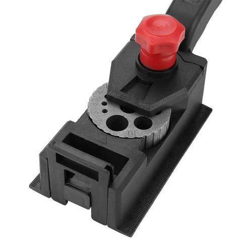 Close-up of Pro Grade Dowel Jig Kit And Woodworking Drill Set 38 Piece Straight Hole Positioner in durable plastic and metal build